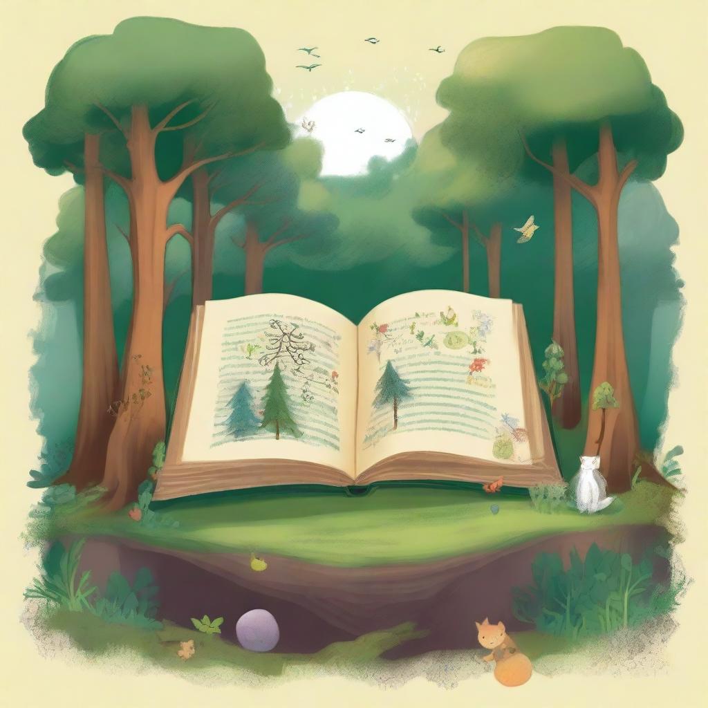 Create an image in the style of children's drawings depicting a mysterious forest called 'Four Seasons Forest' in a distant land