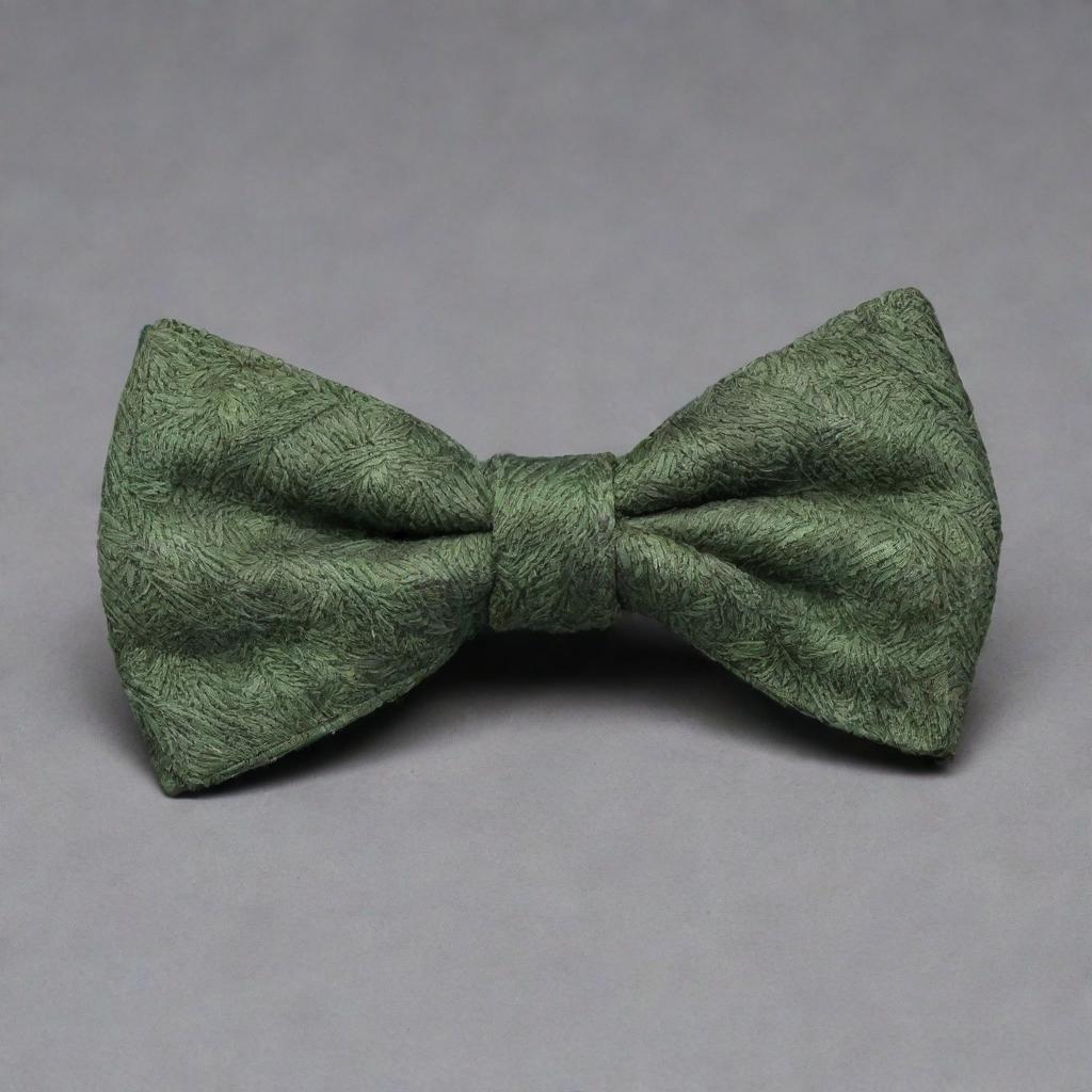 A bow tie inspired by nature, featuring a leaf-shaped knot and a Regate knot. Its color and textures resemble the shades of tree bark.