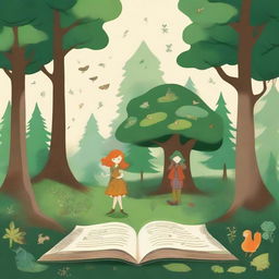 Create an image in the style of children's drawings depicting a mysterious forest called 'Four Seasons Forest' in a distant land