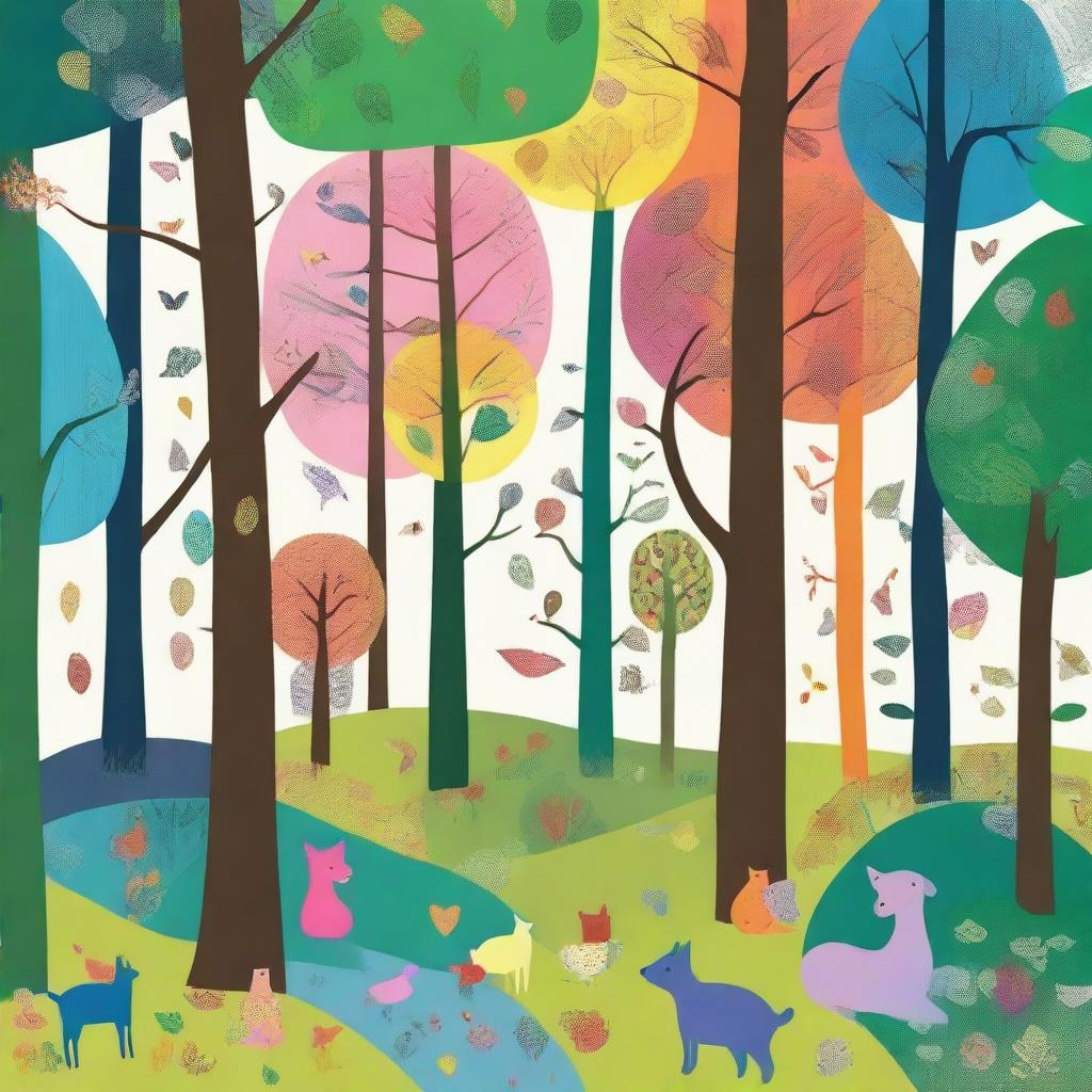 Create an image in the style of children's drawings depicting a mystical forest called 'Four Seasons Forest' in a distant land