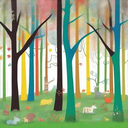 Create an image in the style of children's drawings depicting a mystical forest called 'Four Seasons Forest' in a distant land