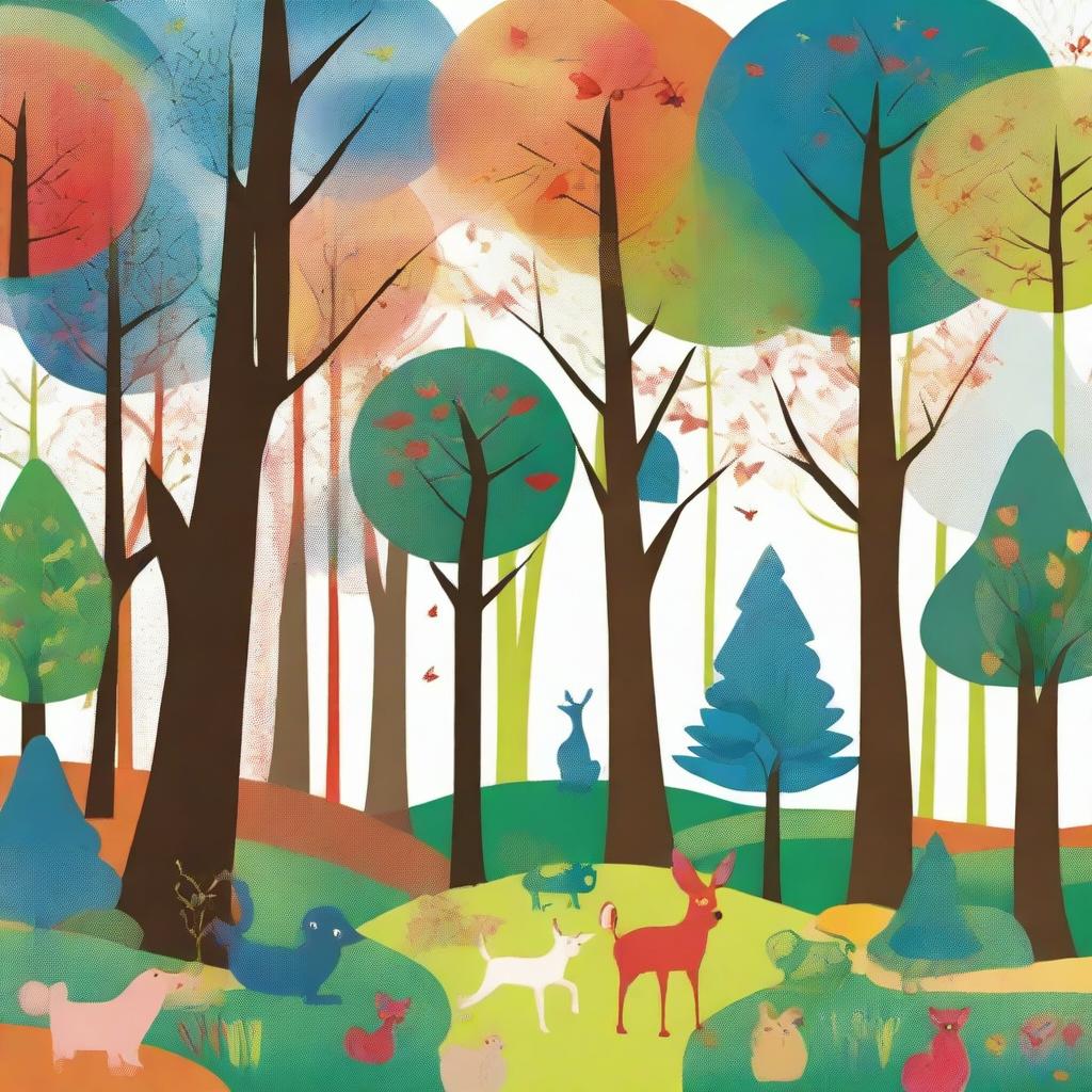 Create an image in the style of children's drawings depicting a mystical forest called 'Four Seasons Forest' in a distant land