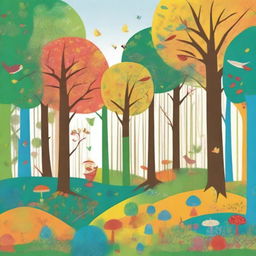 Create an image in the style of children's drawings depicting a mystical forest called 'Four Seasons Forest' in a distant land