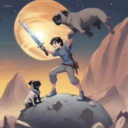 A 16-year-old boy holding a metal sword, pointing it down, while a pug is sitting and panting next to him