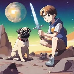 A 16-year-old boy holding a metal sword, pointing it down, while a pug is sitting and panting next to him