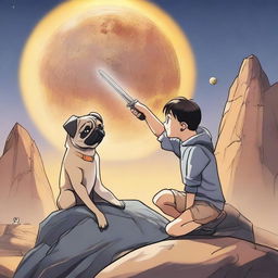 A 16-year-old boy holding a metal sword, pointing it down, while a pug is sitting and panting next to him