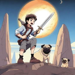 A 16-year-old boy holding a metal sword, pointing it down, while a pug is sitting and panting next to him