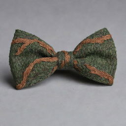 A bow tie inspired by nature, featuring a leaf-shaped knot and a Regate knot. Its color and textures resemble the shades of tree bark.