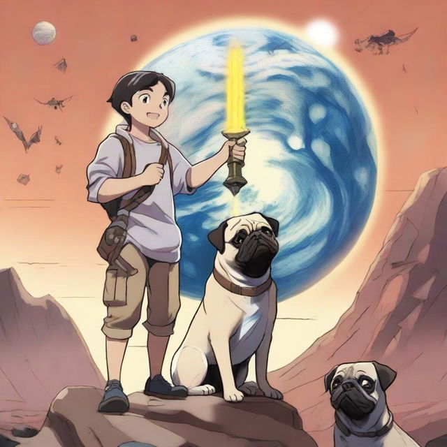 A 16-year-old boy holding a metal sword, pointing it down, while one pug is sitting and panting next to him