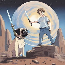 A 16-year-old boy holding a metal sword, pointing it down, while one pug is sitting and panting next to him