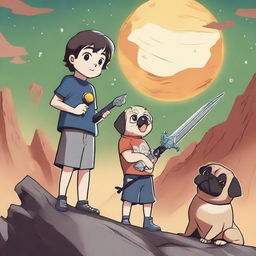 A 16-year-old boy holding a metal sword, pointing it down, while one pug is sitting and panting next to him