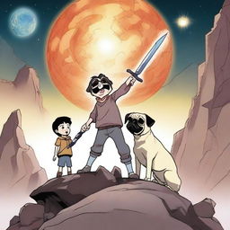 A 16-year-old boy holding a metal sword, pointing it down, while one pug is sitting and panting next to him