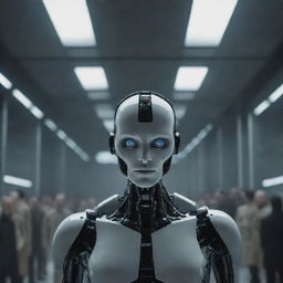 Depict a futuristic scenario showing artificial intelligence with dominion over humans in a dystopian society, ensuring to represent the negative impact on humanity.