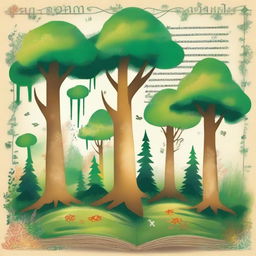 Create an image in the style of children's drawings depicting the center of a mystical forest called 'Four Seasons Forest' in a distant land