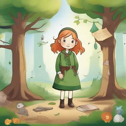 Create an image in the style of children's drawings depicting a brave adventurer named Alison in the mystical 'Four Seasons Forest