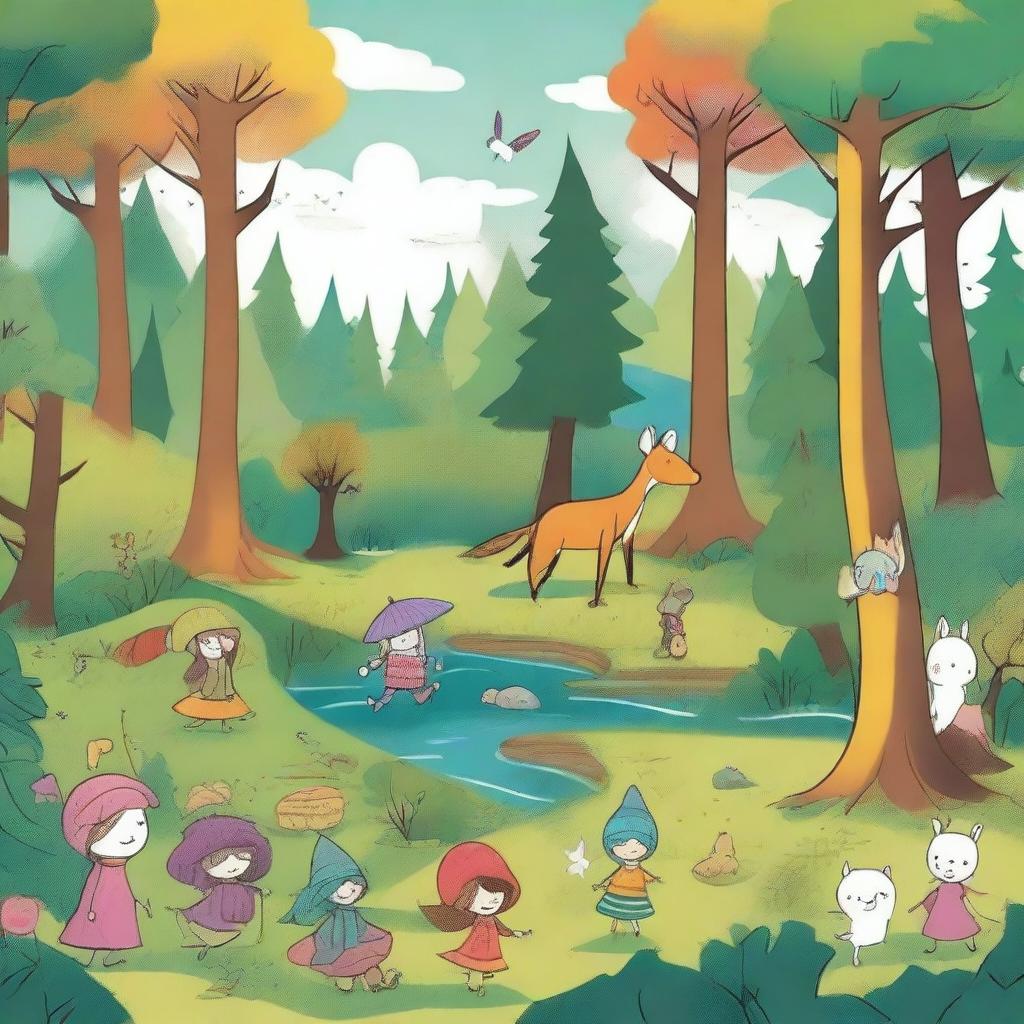 Create a series of comic strips set in a distant land featuring a mysterious forest called the 'Four Seasons Forest