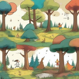 Create a series of comic strips set in a distant land featuring a mysterious forest called the 'Four Seasons Forest