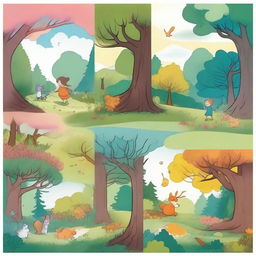 Create a series of comic strips set in a distant land featuring a mysterious forest called the 'Four Seasons Forest