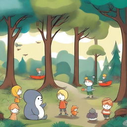 Create a series of comic strips set in a distant land featuring a mysterious forest called the 'Four Seasons Forest