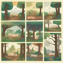 Create a series of comic strips set in a distant land featuring a mysterious forest called the 'Four Seasons Forest