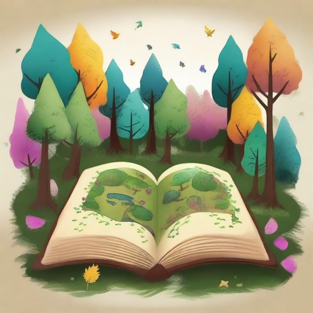 Create an image of the center of a forest where an ancient magical book called the 'Four Seasons Grimoire' is hidden