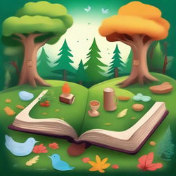 Create an image of the center of a forest where an ancient magical book called the 'Four Seasons Grimoire' is hidden