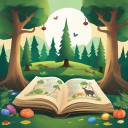 Create an image of the center of a forest where an ancient magical book called the 'Four Seasons Grimoire' is hidden