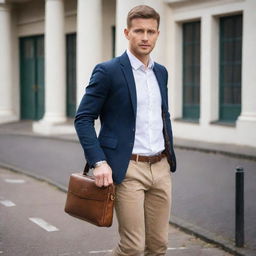 A determined male entrepreneur dressed in smart-casual fashion: a neatly tailored blazer over a crisp white shirt, well-fitted jeans, brown leather brogues, carrying a sophisticated laptop bag, complemented by a stylish wristwatch.