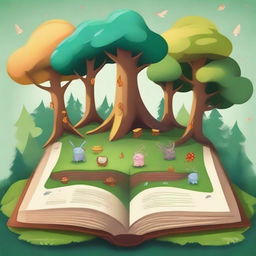 Create an image of the center of a forest where an ancient magical book called the 'Four Seasons Grimoire' is hidden