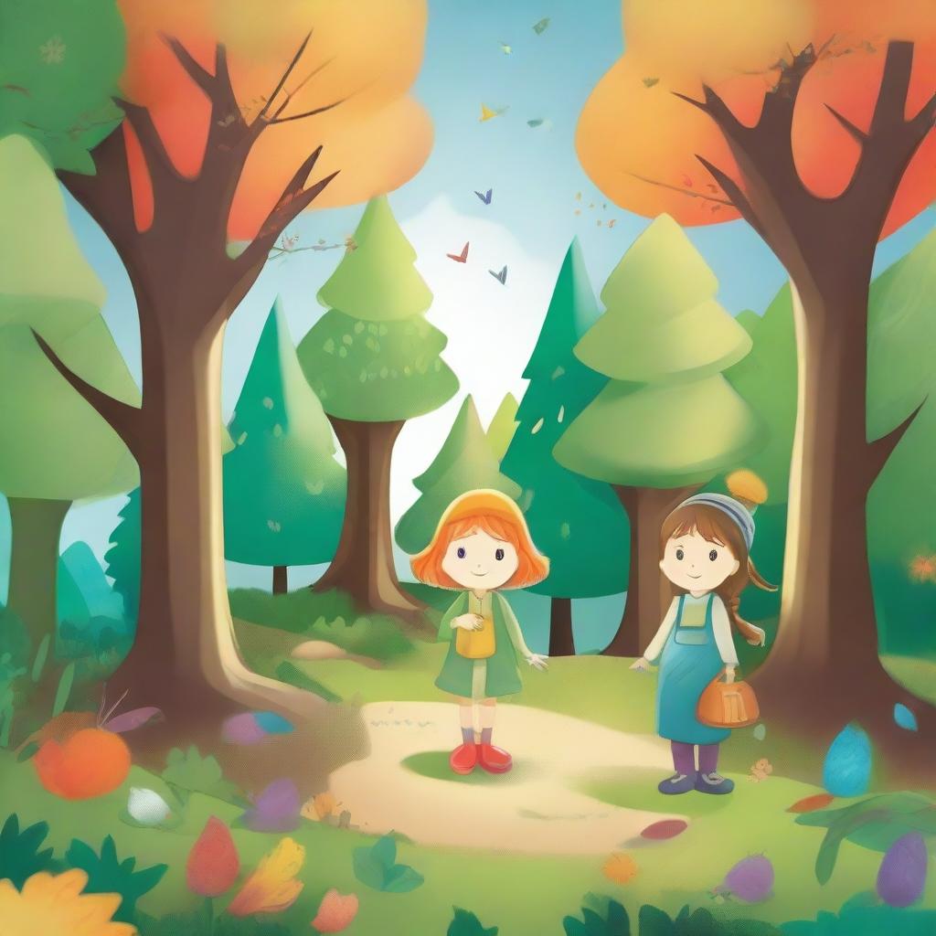 Create an image in a children's drawing style capturing the enchanting and magical essence of the 'Four Seasons Forest