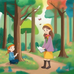 Create an image in a children's drawing style capturing the enchanting and magical essence of the 'Four Seasons Forest