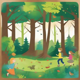 Create an image in a children's drawing style capturing the enchanting and magical essence of the 'Four Seasons Forest