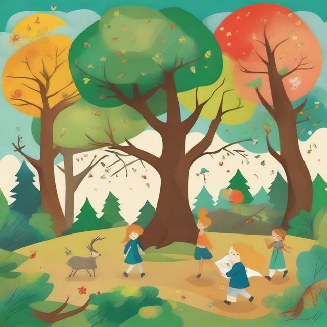 Create an image in a children's drawing style capturing the enchanting and magical essence of the 'Four Seasons Forest