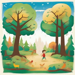 Create an image in a children's drawing style capturing the enchanting and magical essence of the 'Four Seasons Forest