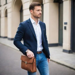 A determined male entrepreneur dressed in smart-casual fashion: a neatly tailored blazer over a crisp white shirt, well-fitted jeans, brown leather brogues, carrying a sophisticated laptop bag, complemented by a stylish wristwatch.