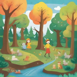 Create an image in a children's drawing style capturing the enchanting and magical essence of the 'Four Seasons Forest