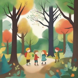 Create an image in a children's drawing style capturing the enchanting and magical essence of the 'Four Seasons Forest