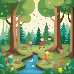 Create an image in a children's drawing style capturing the enchanting and magical essence of the 'Four Seasons Forest