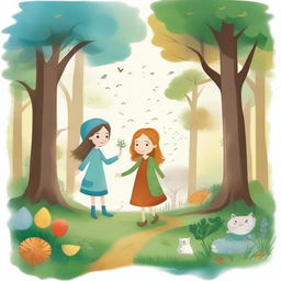 Create an image in a children's drawing style capturing the enchanting and magical essence of the 'Four Seasons Forest