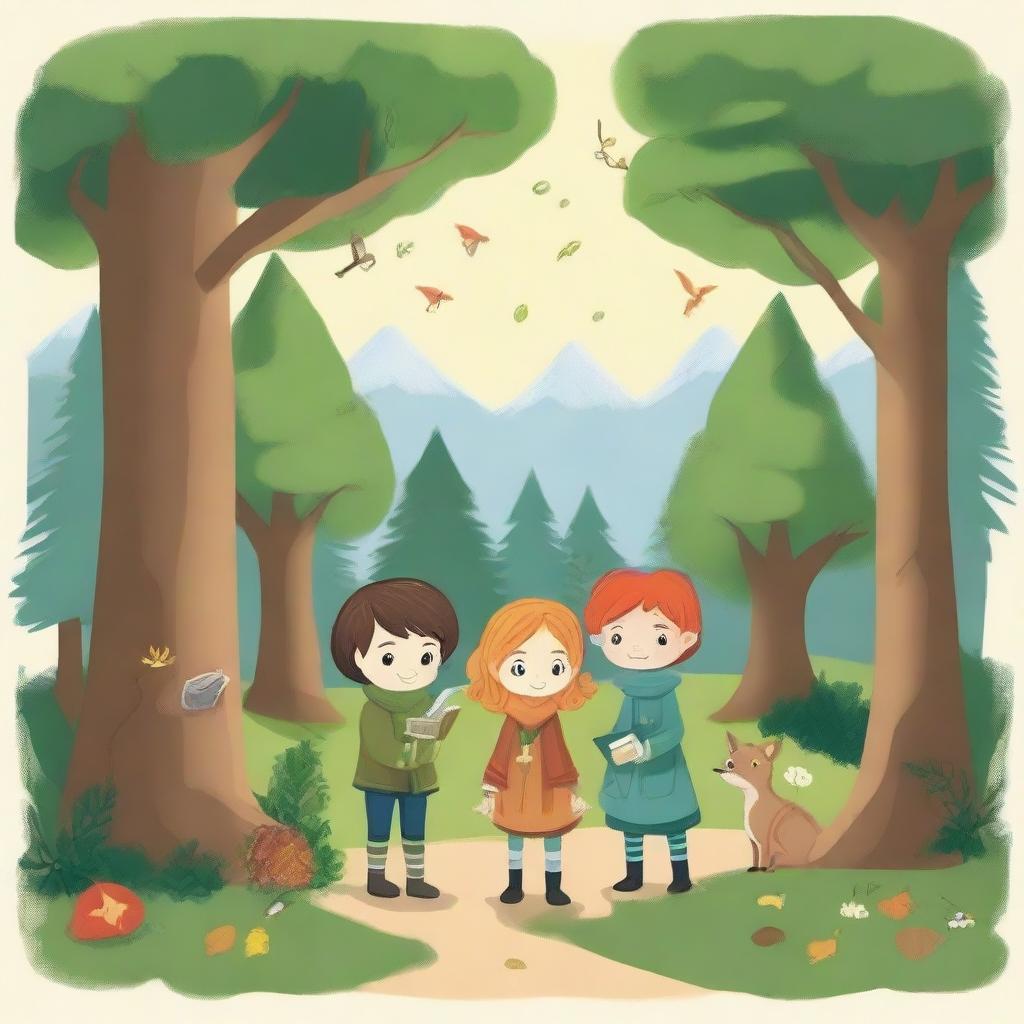 Create an image in a children's drawing style capturing the enchanting and magical essence of the 'Four Seasons Forest