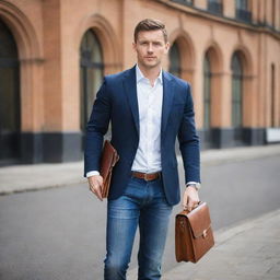 A determined male entrepreneur dressed in smart-casual fashion: a neatly tailored blazer over a crisp white shirt, well-fitted jeans, brown leather brogues, carrying a sophisticated laptop bag, complemented by a stylish wristwatch.