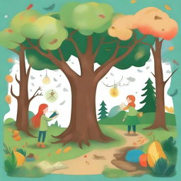 Create an image in a children's drawing style capturing the enchanting and magical essence of the 'Four Seasons Forest