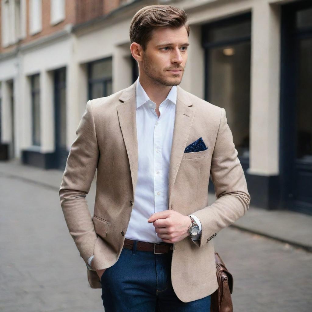 A determined male entrepreneur dressed in smart-casual fashion: a neatly tailored blazer over a crisp white shirt, well-fitted jeans, brown leather brogues, carrying a sophisticated laptop bag, complemented by a stylish wristwatch.