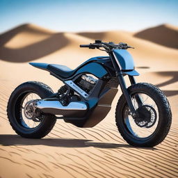 A futuristic dune motorcycle equipped with advanced gyro technology and big, rugged tires designed for off-road adventures in a desert landscape