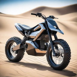 A futuristic dune motorcycle equipped with advanced gyro technology and big, rugged tires designed for off-road adventures in a desert landscape