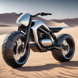 A futuristic dune motorcycle equipped with advanced gyro technology and big, rugged tires designed for off-road adventures in a desert landscape