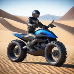 A futuristic dune motorcycle equipped with advanced gyro technology and big, rugged tires designed for off-road adventures in a desert landscape