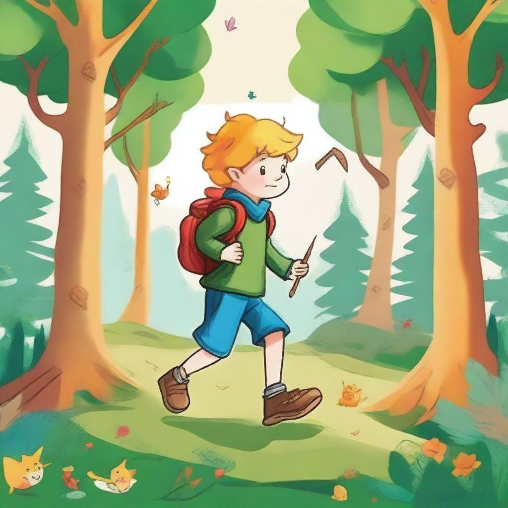 Create an image in the style of children's drawings depicting a brave adventurer embarking on a journey to restore harmony to the 'Four Seasons Forest