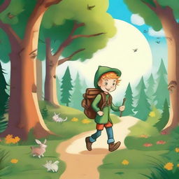 Create an image in the style of children's drawings depicting a brave adventurer embarking on a journey to restore harmony to the 'Four Seasons Forest