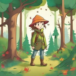 Create an image in the style of children's drawings depicting a brave adventurer embarking on a journey to restore harmony to the 'Four Seasons Forest